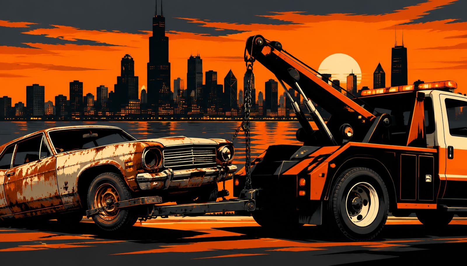 Tow truck removing a junk car with the Chicago skyline behind it